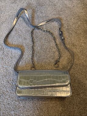 Silver Croc-Embossed Crossbody Clutch